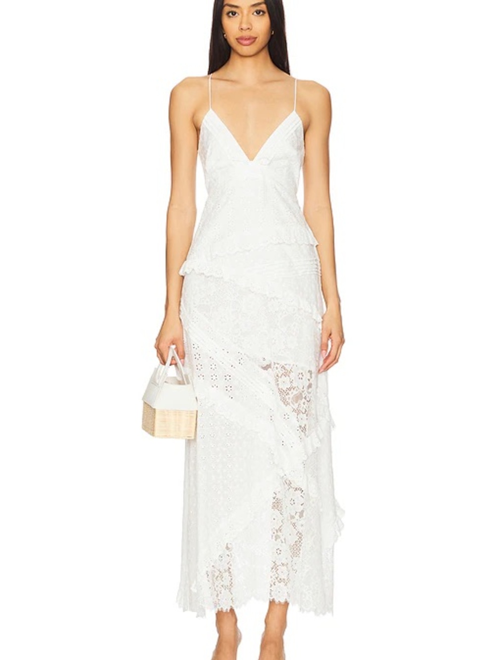 For Love & Lemons White Lace Ruffle Maxi Dress